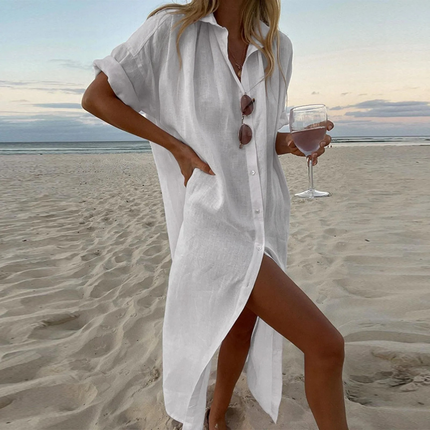 Mialys - Robe Chemise Fentes Hautes Et Détails Boutons