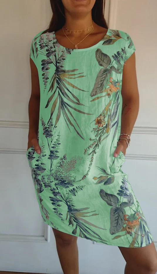 Danielle - Robe En Coton-Lin Imprimé Avec Col Rond Et Coupe Légère