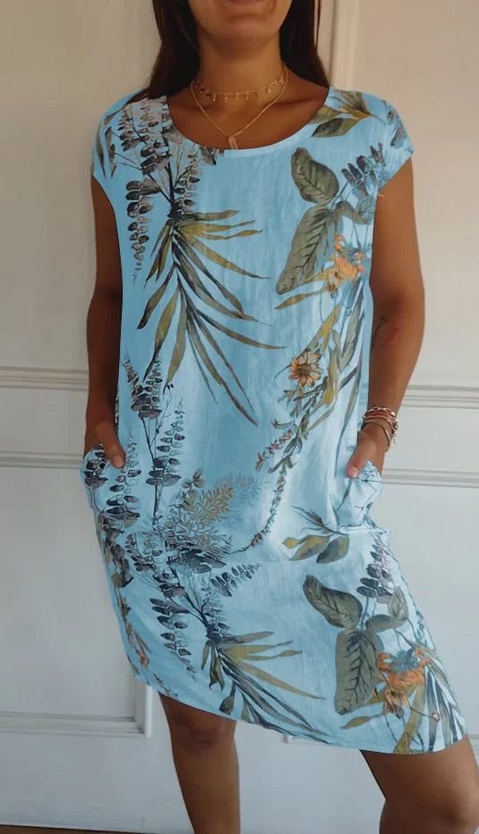 Danielle - Robe En Coton-Lin Imprimé Avec Col Rond Et Coupe Légère