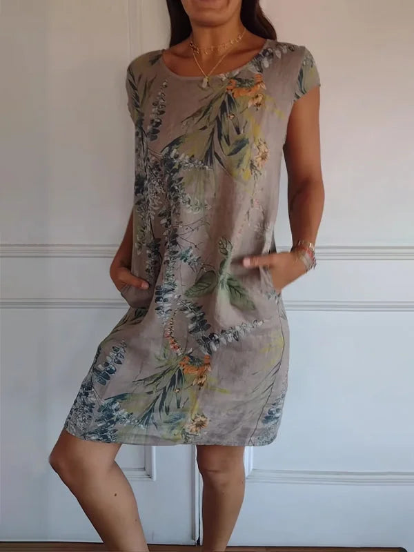 Danielle - Robe En Coton-Lin Imprimé Avec Col Rond Et Coupe Légère