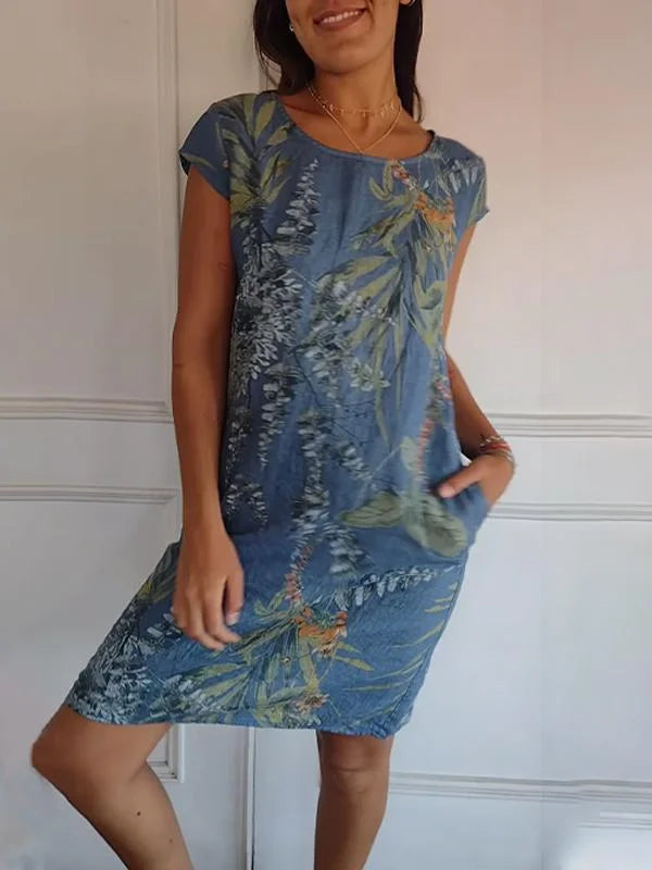 Danielle - Robe En Coton-Lin Imprimé Avec Col Rond Et Coupe Légère