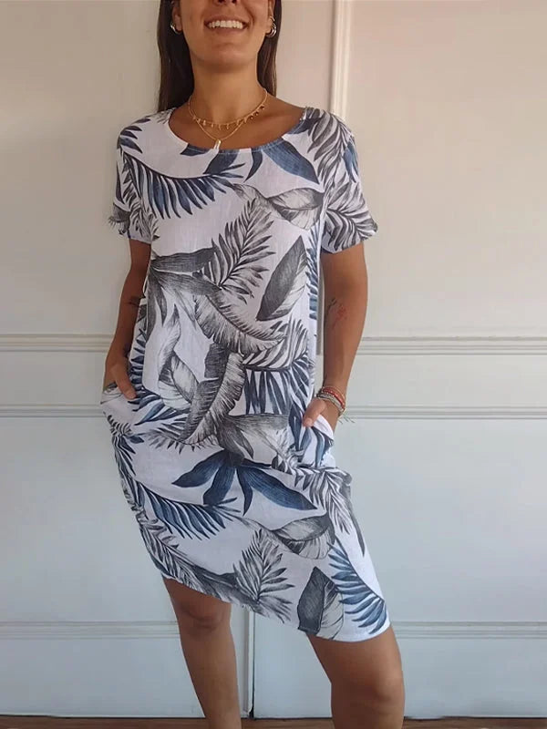 Danielle - Robe En Coton-Lin Imprimé Avec Col Rond Et Coupe Légère