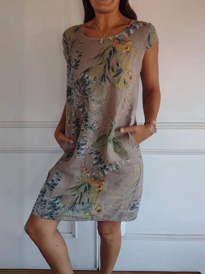 Danielle - Robe En Coton-Lin Imprimé Avec Col Rond Et Coupe Légère