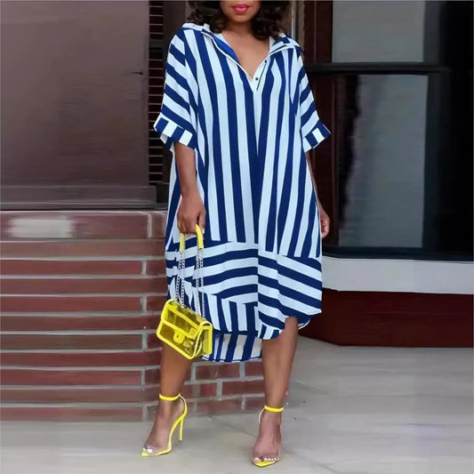 Mélanie - Robe Chemise Été - Manches Courtes, Rayée, Coupe Ample