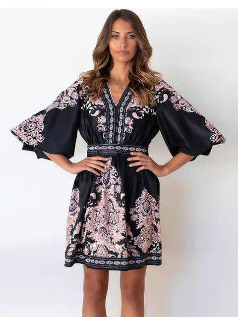 Nicole - Robe Mini Vintage - Décolleté en V Profond et Manches Lanternes