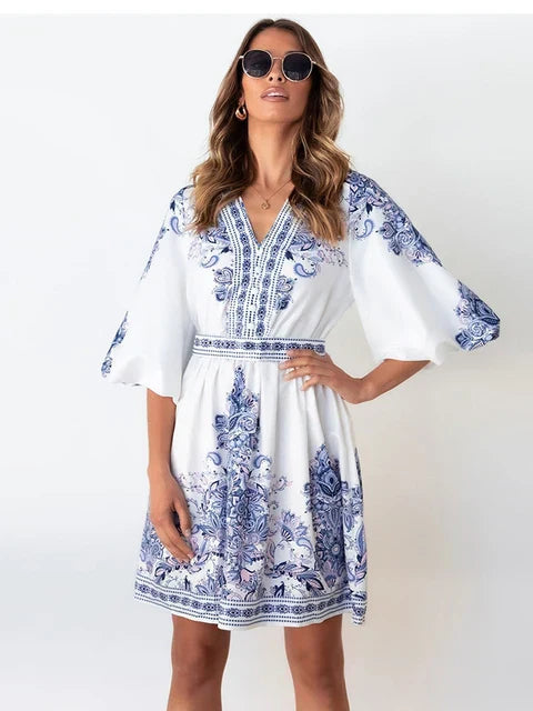 Nicole - Robe Mini Vintage - Décolleté en V Profond et Manches Lanternes