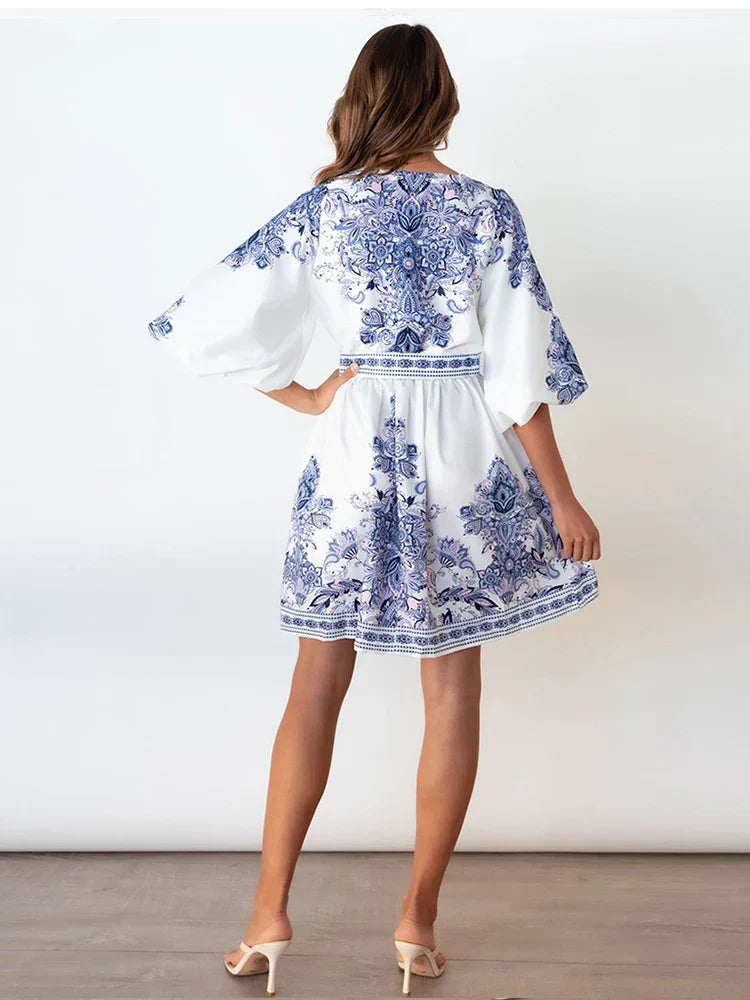 Nicole - Robe Mini Vintage - Décolleté en V Profond et Manches Lanternes