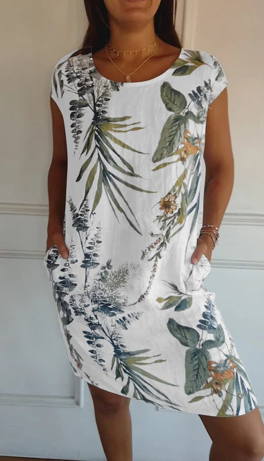 Danielle - Robe En Coton-Lin Imprimé Avec Col Rond Et Coupe Légère