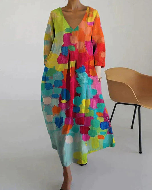 Palmyre - Robe Imprimée Colorée Avec Décolleté En V
