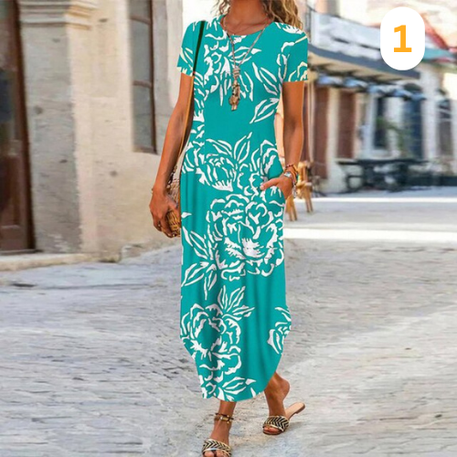 Colette– Maxi-Robe Longue À Motifs, Confectionnée En Coton Et Lin